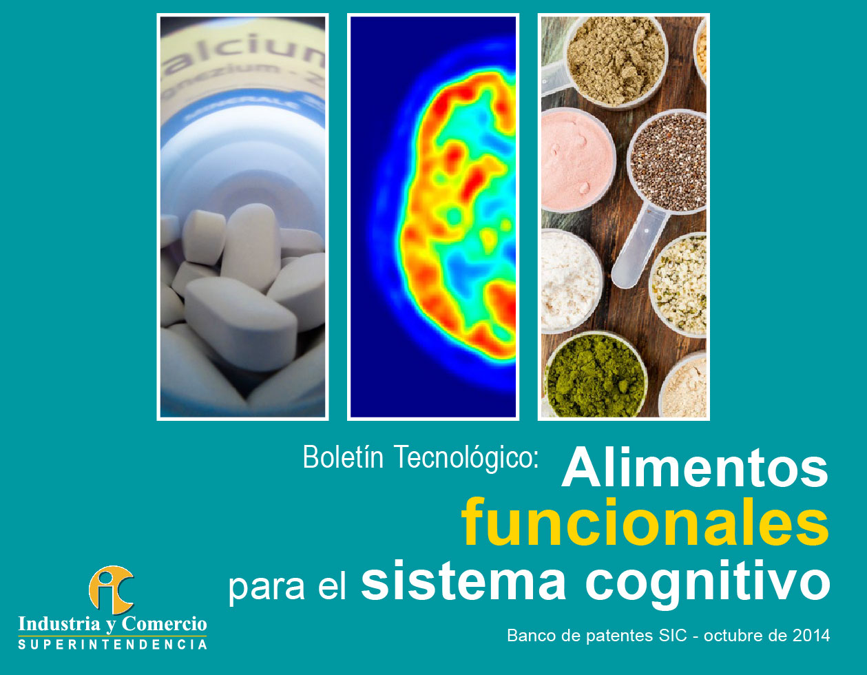 Título "Alimentos funcionales para el sistema cognitivo". Y tres fotografías: un frasco de pastillas de calcio, una imagen térmica de un cerebro y varias tazas con polvos y semillas