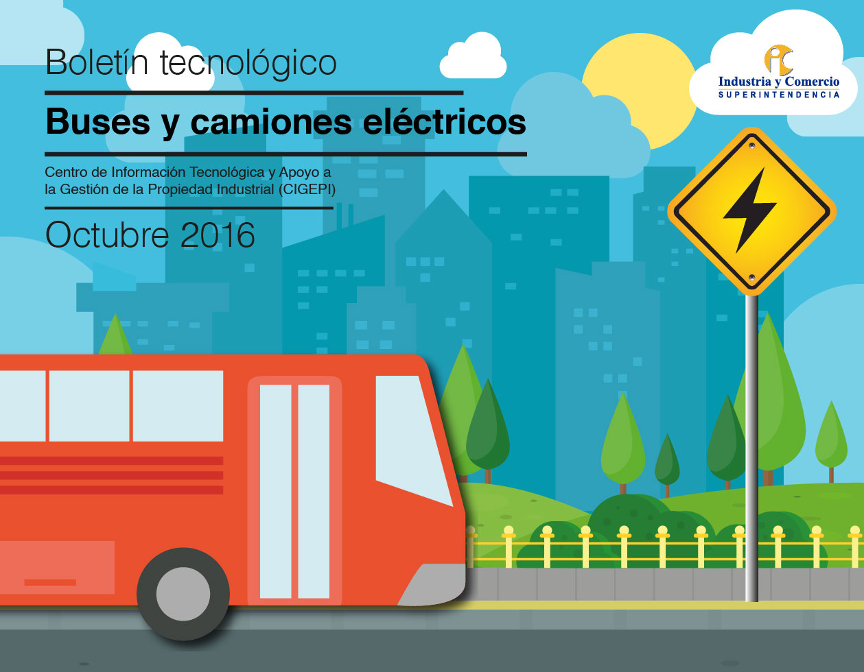 Ilustración de un autobús eléctrico de color rojo en primer plano, con un paisaje urbano de fondo.