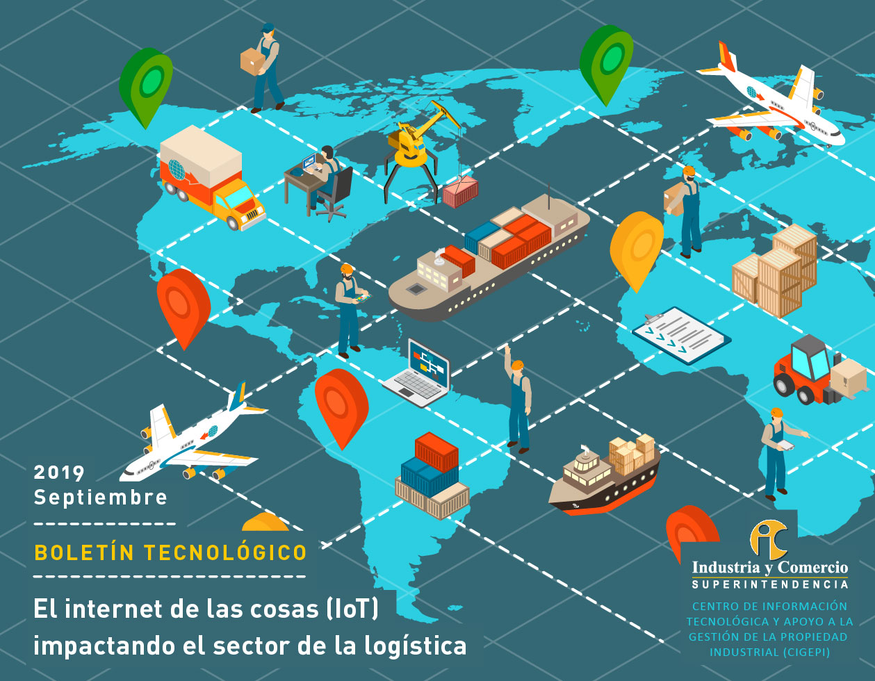Mapa mundial ilustrado con una red de transporte de logística (avión, camión, barco) y personas que representan el IoT.