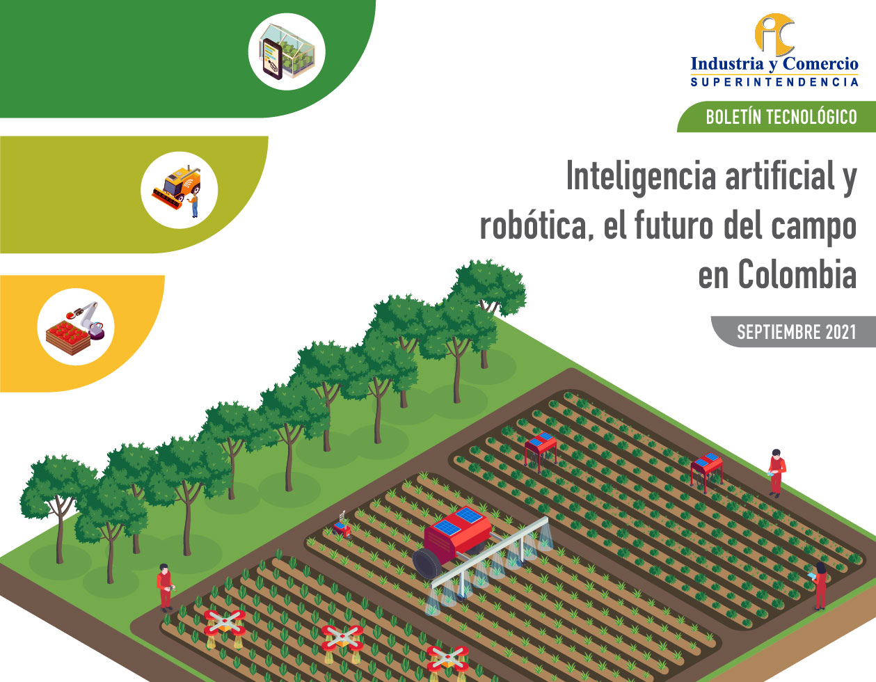 Un campo agrícola moderno donde un tractor robótico y drones realizan tareas de cultivo y un texto con el titulo del boletín