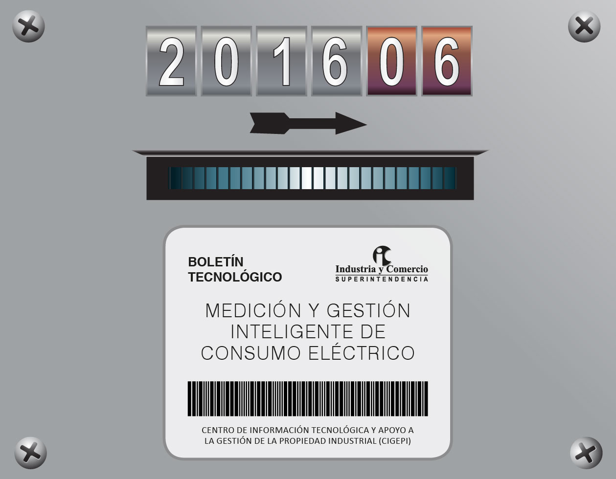 Una ilustración que simula la parte frontal de un medidor de energía, con una pantalla que marca la fecha "2016 06". Abajo, un recuadro con el título del boletín y un código de barras.