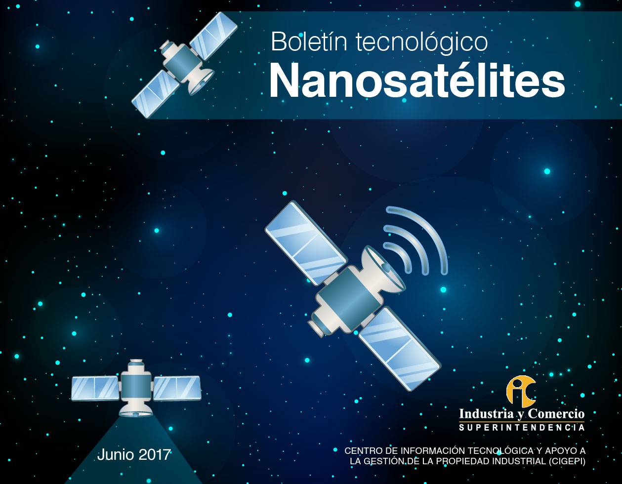  Ilustración del espacio exterior con estrellas y dos nanosatélites flotando.