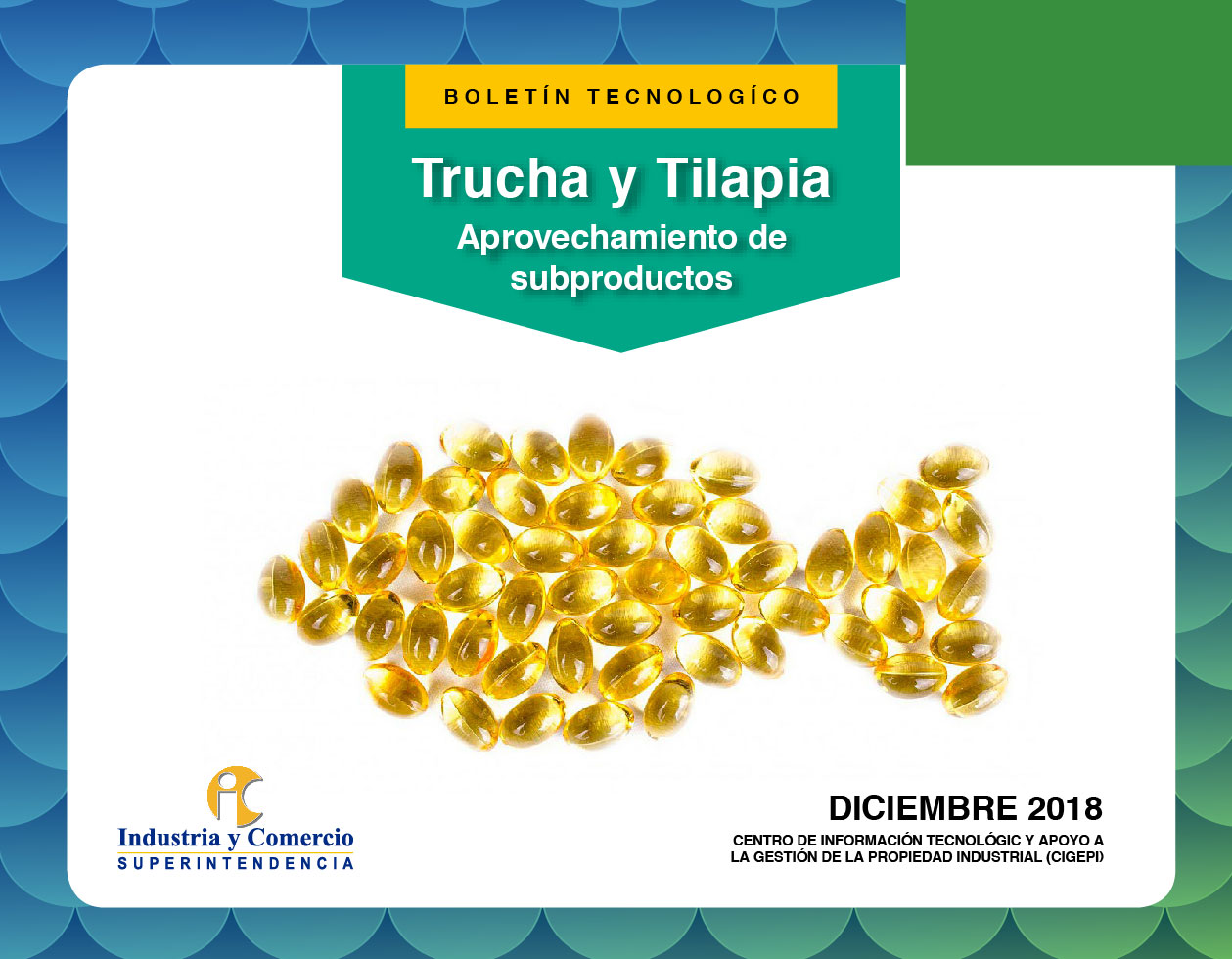 silueta de un pez formada por cápsulas de aceite dorado sobre un fondo de escamas azules y el titulo del boletín