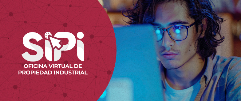Hombre mirando la pantalla de un computador y de Titulo: SIPI - Oficina Virtual de Propiedad Industrial 