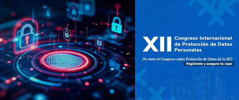 Anuncio promocional del XII Congreso Internacional de Protección de Datos Personales con una imagen de seguridad digital y texto invitando al registro.