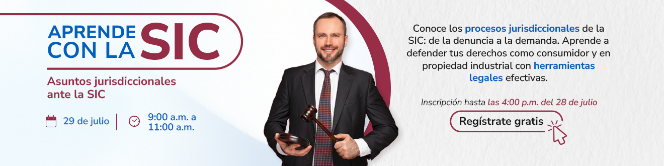 Imagen que invita a inscribirse en la jornada Asuntos Jurisdiccionales con la SIC 29 de julio