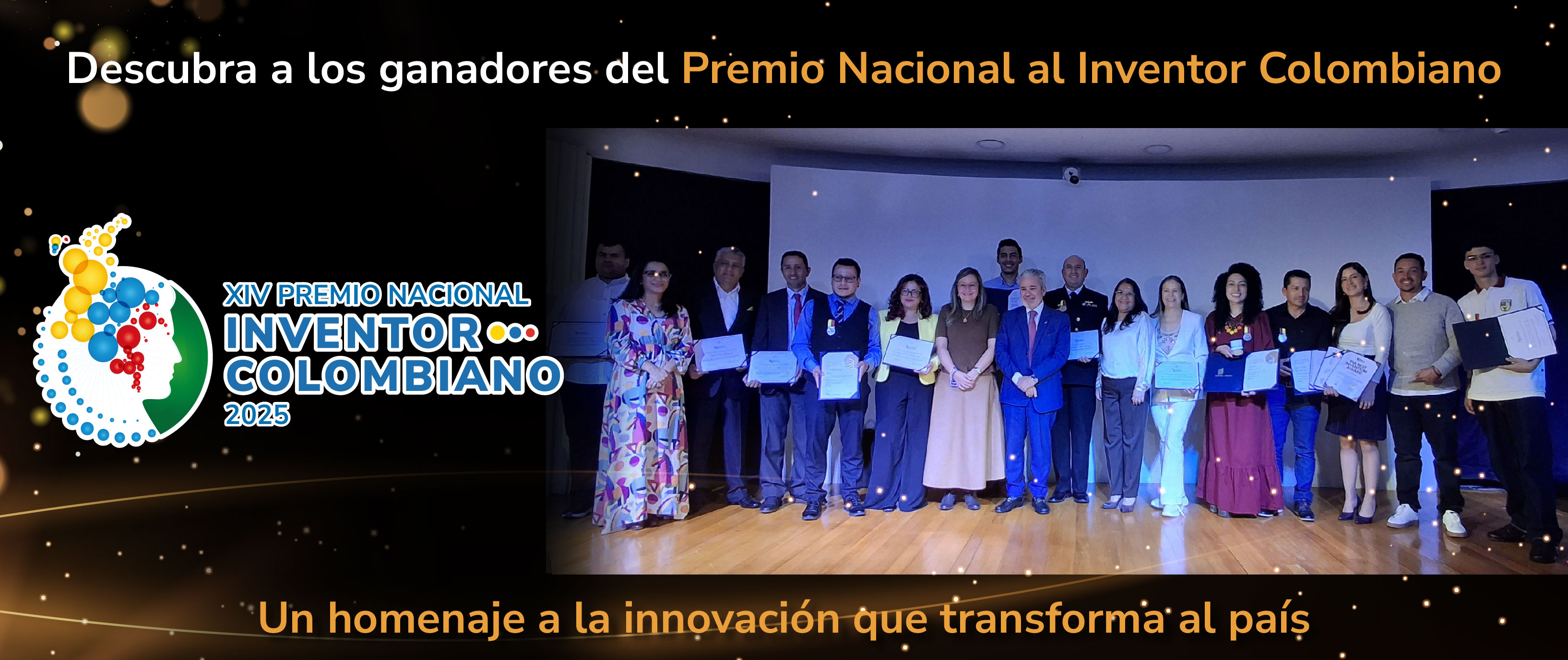 Fotografías del Premio Nacional al Inventor Colombiano 2025 y un titulo de  Descubra los ganadores 