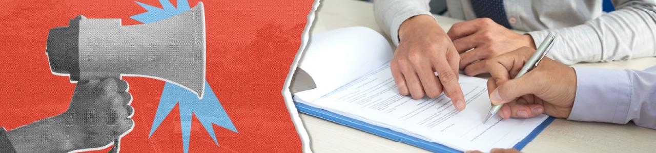 Imagen dividida. A la izquierda, una mano sosteniendo un megáfono con un contorno blanco y rayos azules sobre un fondo rojo texturizado. A la derecha, dos personas sobre una mesa revisando un documento; una mano señala el documento mientras otra firma con un bolígrafo.
