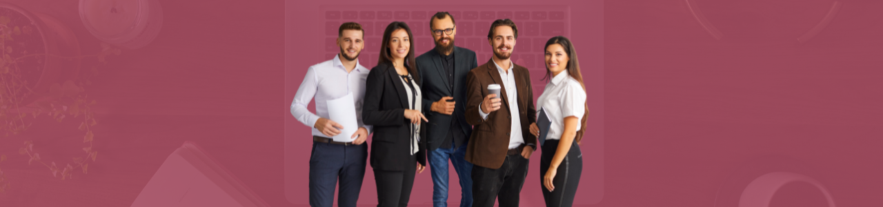 Banner que representa un grupo de personas integradas por hombres y mujeres en un contexto laboral