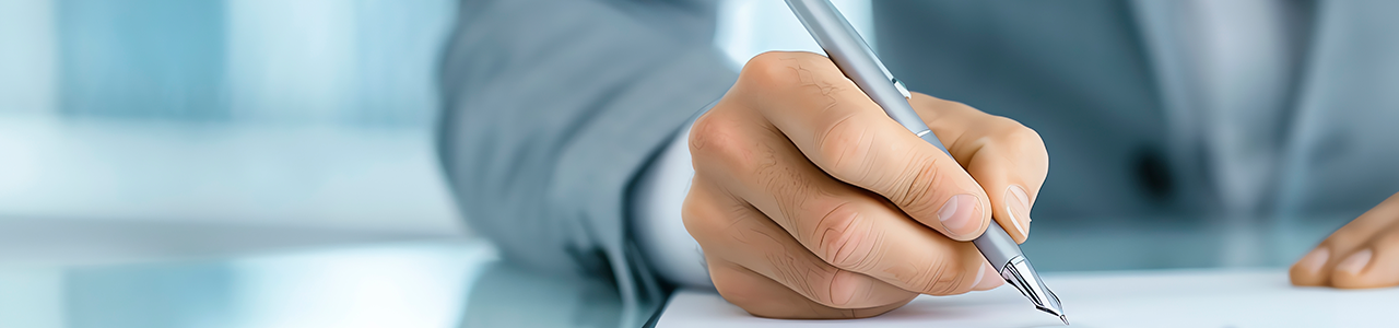 A man's hand signing a document with a pen