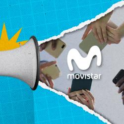Megáfono a la izquierda, "rasgando" una escena a la derecha con manos sosteniendo teléfonos inteligentes y el logo de Movistar.