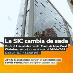 Un banner que anuncia el cambio de sede de la Superintendencia de Industria y Comercio (SIC) a partir del 1 de octubre. Muestra un edificio de vidrio moderno y, sobre un fondo naranja, detalla la nueva dirección en el Edificio 7-24 y la atención temporal los días 29 y 30 de septiembre.
