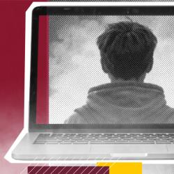 Ilustración de un computador y un hombre de espaldas