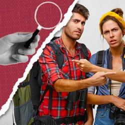 Pareja de excursionistas confundidos se señalan mutuamente bajo una lupa, en una imagen dividida con un efecto de papel rasgado.