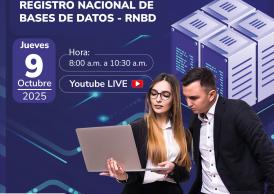 Poster con el titulo del evento y dos personas mirando un computador