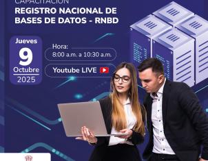 Poster con el titulo del evento y dos personas mirando un computador 