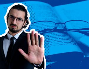 Un hombre con gafas y traje extiende su mano hacia el frente en gesto de rechazo o detención, con un fondo azul de documentos.