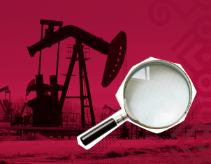 Una torre de extracción de petróleo (balancín) sobre un fondo rojizo, con una lupa resaltada en la parte inferior derecha.