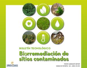 Una portada vibrante con un fondo verde/amarillo. Presenta nueve iconos circulares que representan conceptos como bosques, hojas, reciclaje, pasto, gotas de agua, y temperatura (termómetro), ilustrando las tecnologías de recuperación ambiental.