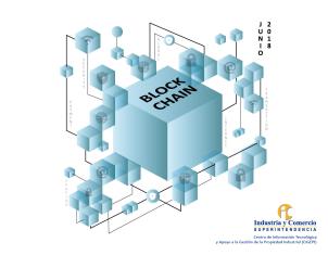 Diagrama isométrico con un gran cubo central que dice "BLOCKCHAIN", rodeado de cubos más pequeños con conceptos como "Seguridad" y "Transacción".