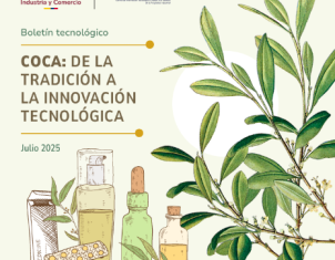 Poster sobre la innovación con la coca, mostrando la planta y productos farmacéuticos o de belleza derivados.