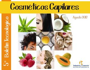Portada del boletín "Cosméticos Capilares" (Agosto 2012). Contiene una cuadrícula de nueve fotos con ingredientes como aloe vera, coco, frambuesas y personas con diferentes tipos de cabello.