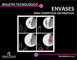 Portada del boletín sobre "Envases para Cosméticos Decorativos" (Noviembre 2012). Fondo negro con un cuadríptico central de ilustraciones de mujeres aplicando maquillaje (máscara, brocha, etc.).