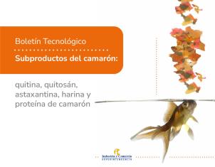 Portada de boletín sobre subproductos del camarón con un pez y alimento.