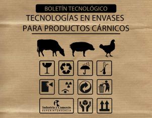Portada de boletín sobre tecnologías en envases cárnicos con iconos de animales y símbolos de embalaje.