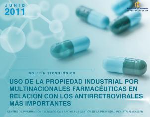 Anuncio de boletín sobre Propiedad Industrial y Antirretrovirales (Junio 2011), con una imagen de cápsulas de medicamentos sobre un fondo azul geométrico.