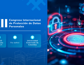 Poster para el XII Congreso Internacional de Protección de Datos Personales, con información del evento y gráficos de ciberseguridad.