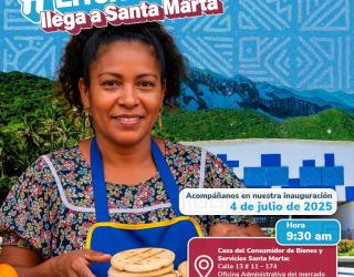 Mujer sonriente en cartel promocional del evento 'LaSuperEnElTerritorio' en Santa Marta.
