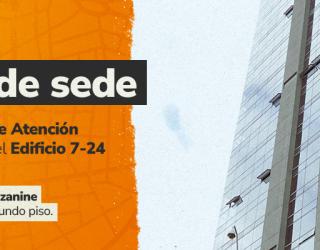 un banner que anuncia el cambio de sede de la Superintendencia de Industria y Comercio (SIC) a partir del 1 de octubre. Muestra un edificio de vidrio moderno y, sobre un fondo naranja, detalla la nueva dirección en el Edificio 7-24 y la atención temporal los días 29 y 30 de septiembre.