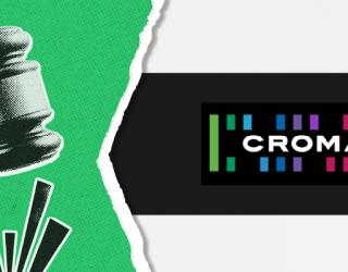 Imagen promocional de "CROMANTIC" con un mazo de juez y productos de belleza.