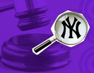 Lupa y dentro de ella se visualiza el logo de (NY) y un fondo morado