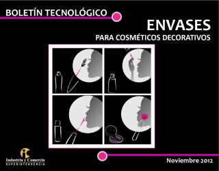 Portada del boletín sobre "Envases para Cosméticos Decorativos" (Noviembre 2012). Fondo negro con un cuadríptico central de ilustraciones de mujeres aplicando maquillaje (máscara, brocha, etc.).