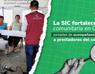 Anuncio promocional de la SIC sobre la televisión comunitaria en Caldas.  A la izquierda hay una foto de una reunión: varias personas sentadas escuchan a un hombre con un chaleco de la SIC. A la derecha, sobre un fondo verde, hay un texto que anuncia "jornadas de acompañamiento y sensibilización" y dibujos de una lupa y un televisor.