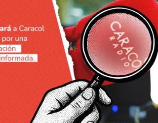 Anuncio informativo de fondo rojo con un texto en blanco que indica que la SIC investigará a Caracol Radio y Canal 1. A la derecha, una lupa amplía la palabra "Caracol" y en la esquina superior derecha se ve un recuadro con el hashtag #Competencia.