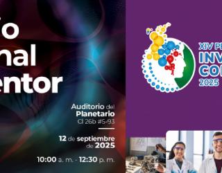Anuncio promocional es del "Premio nacional al inventor 2025".  El evento es hoy, 12 de septiembre de 2025, de 10:00 a. m. a 12:30 p. m. en el Auditorio del Planetario en Bogotá.