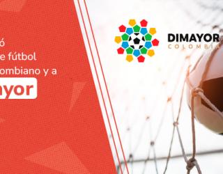 Banner de la Dimayor informando que la SIC sancionó a cinco clubes de fútbol profesional y a la propia Dimayor. Muestra un balón en la red.