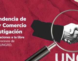 Anuncio que muestra un apretón de manos a través de una lupa, sobre un fondo rojo y crema rasgado con la palabra "UNGRD" en blanco.