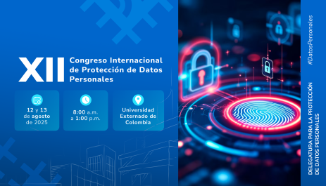 Anuncio del XII Congreso Internacional de Protección de Datos Personales, con fecha y lugar. Iconos de seguridad digital.