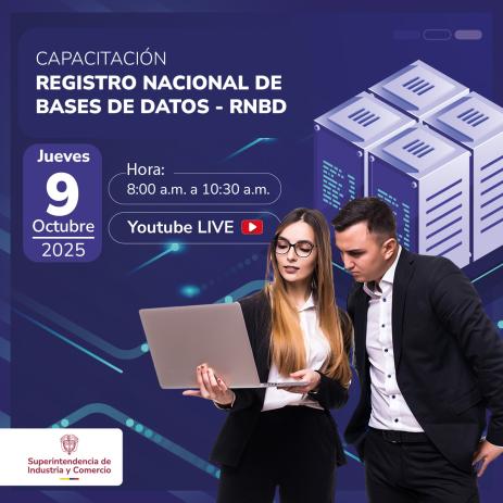 Poster con el titulo del evento y dos personas mirando un computador
