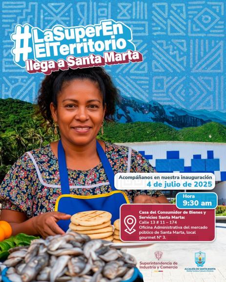 Mujer sonriente en cartel promocional del evento 'LaSuperEnElTerritorio' en Santa Marta.