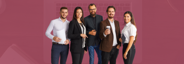 Banner que representa un grupo de personas integradas por hombres y mujeres en un contexto laboral