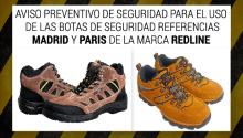 Banner Aviso preventivo de seguridad para el uso de las botas de seguridad referencias Madrid y París de la marca REDLINE